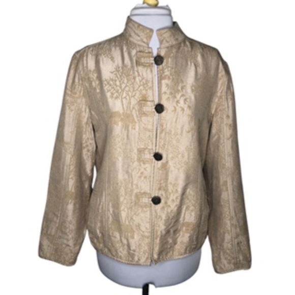 Chico's Nehru Collar Loop Buttons Oriental Textured Print Jacket Size 2 - Picture 2 of 7